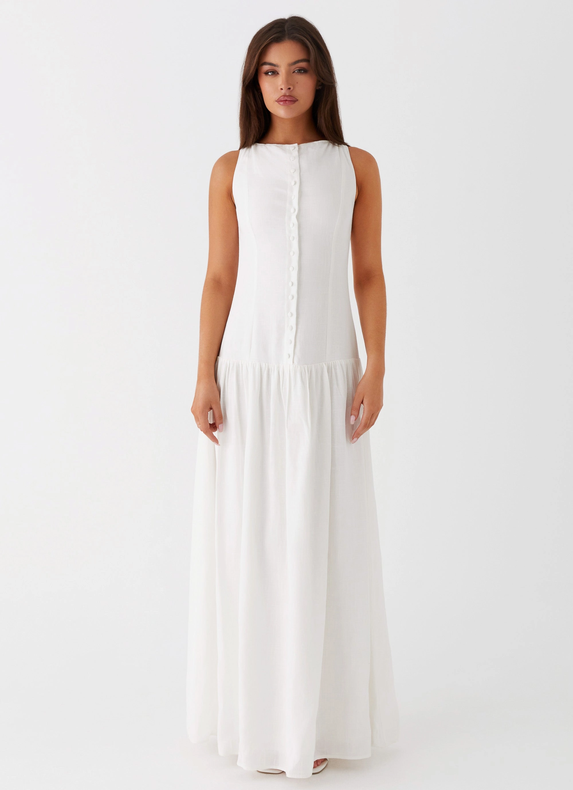 Lightweight Design Insulated Winter Wear Meggie Linen Maxi Dress - White