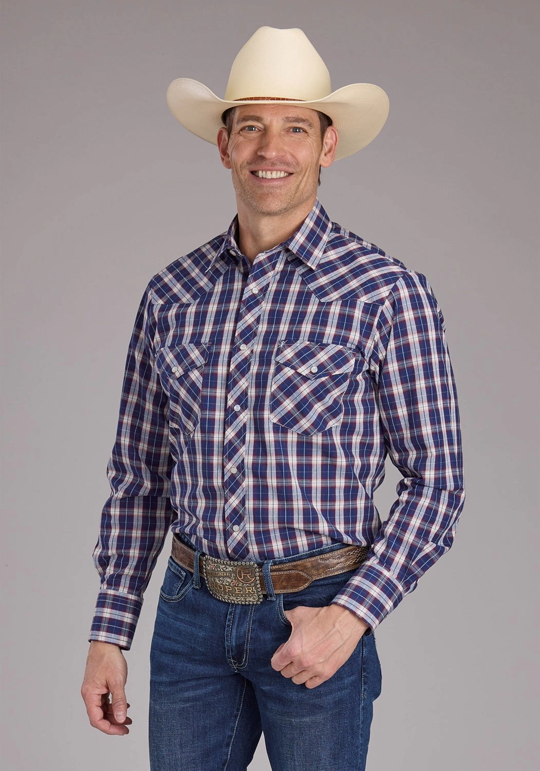 Roper Mens 2414 Multi Plaid Blue Cotton Blend L/S Shirt Petite Option