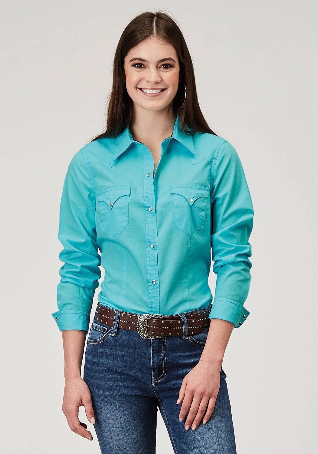 Roper Womens 1916 Solid Poplin Turquoise 100% Cotton L/S Shirt Soft Touch