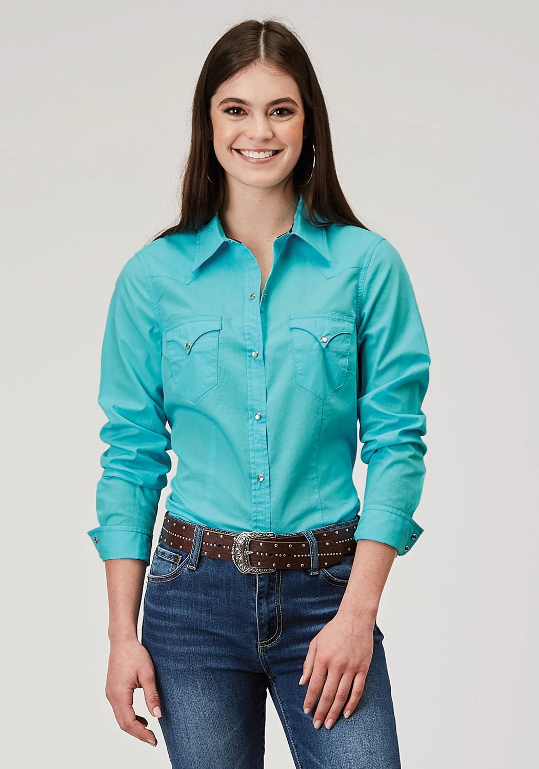 Roper Womens 1916 Solid Poplin Turquoise 100% Cotton L/S Shirt Reinforced Hems