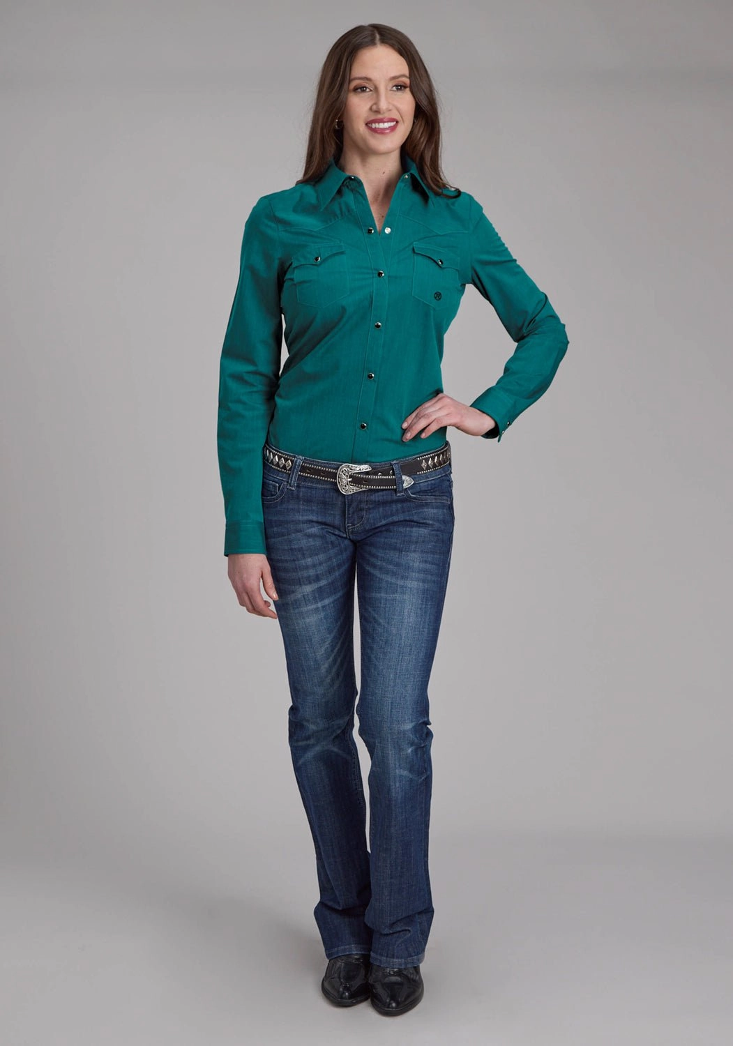 Non Chafe Seams Ethical production Roper Womens Fill Solid Poplin Teal 100% Cotton L/S Shirt