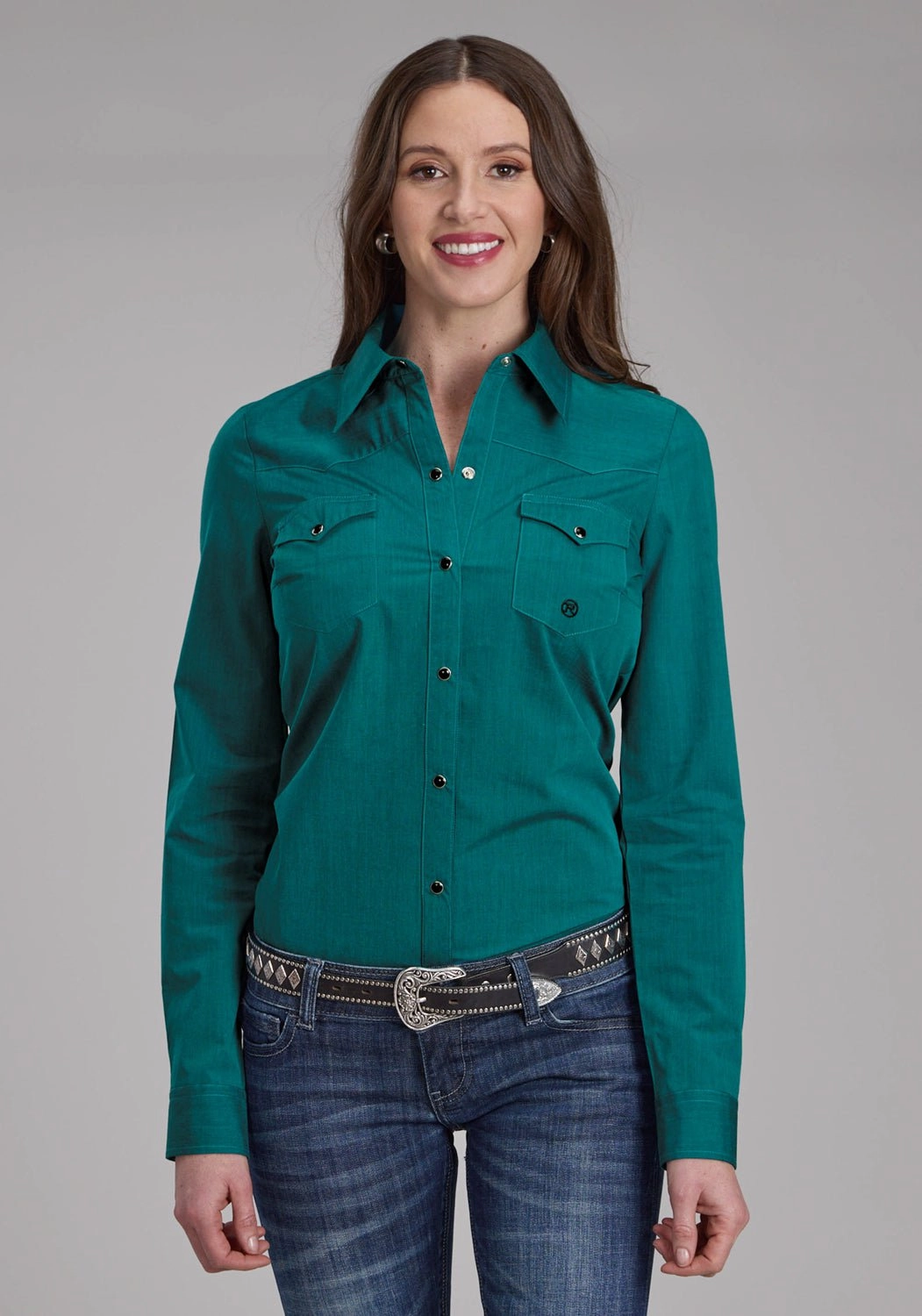 Roper Womens Fill Solid Poplin Teal 100% Cotton L/S Shirt Urban Fashion Round Collar
