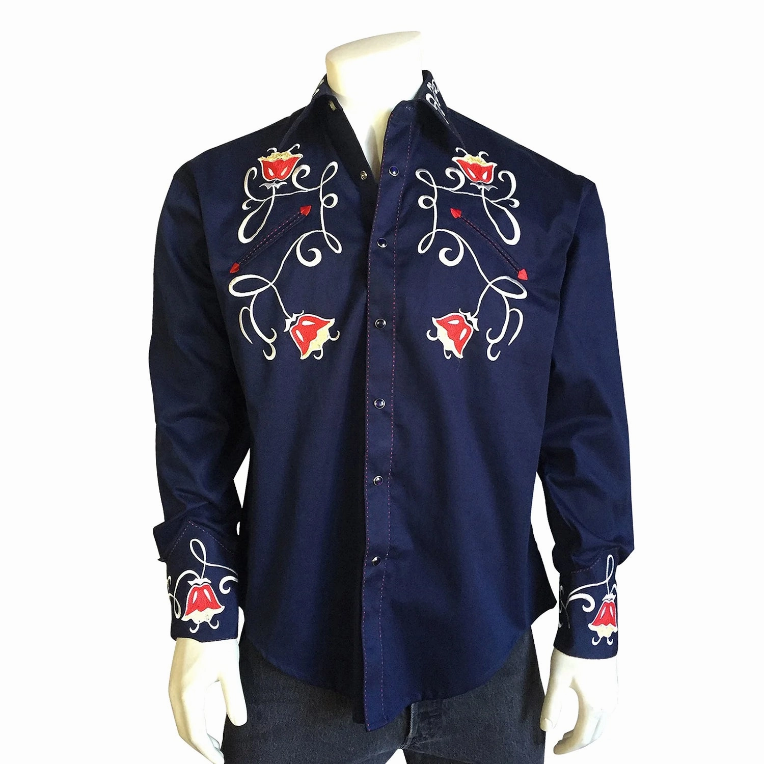Pocket Detailing Youthful Appeal Rockmount Mens Art Deco Floral Navy 100% Cotton L/S Shirt