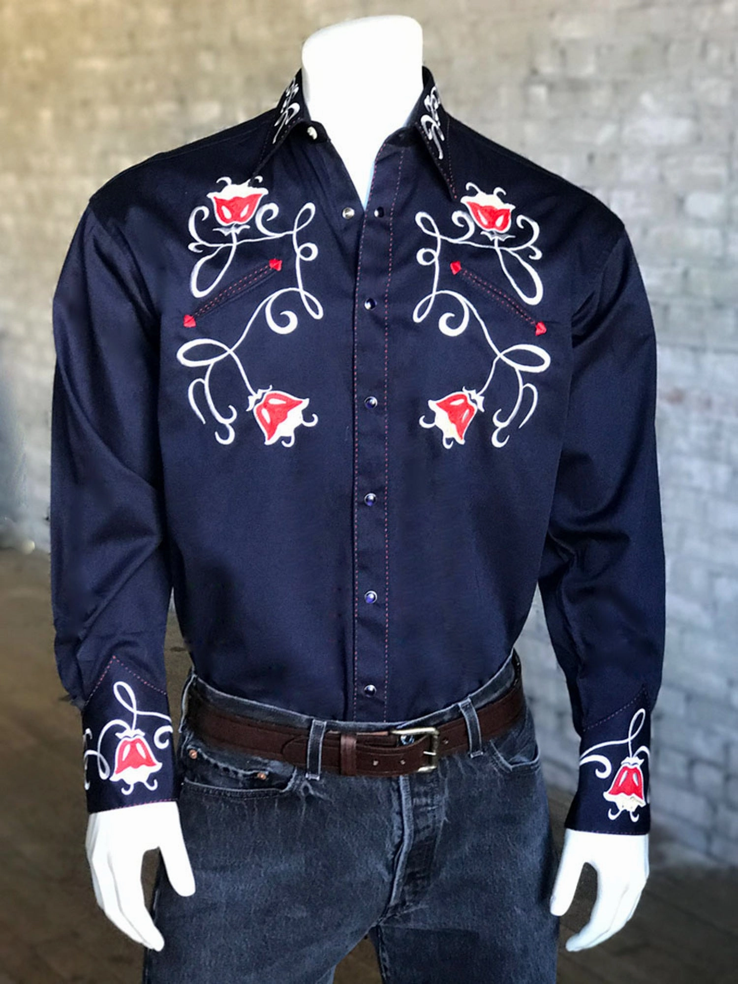 Rockmount Mens Art Deco Floral Navy 100% Cotton L/S Shirt Reinforced Shoulders