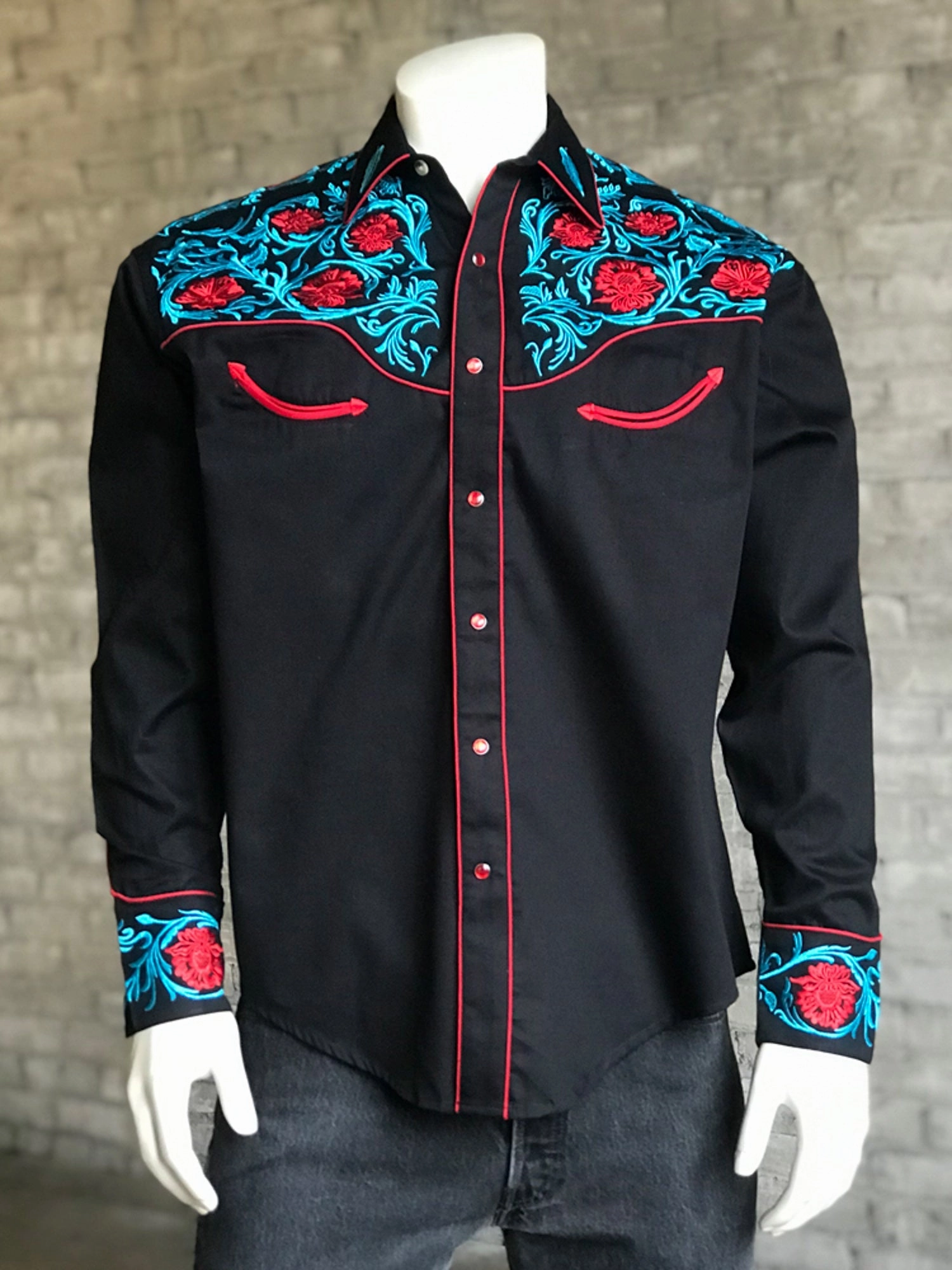 Holiday Travel Classic Color Rockmount Mens Black 100% Cotton Red Floral Vintage Turquoise L/S Shirt