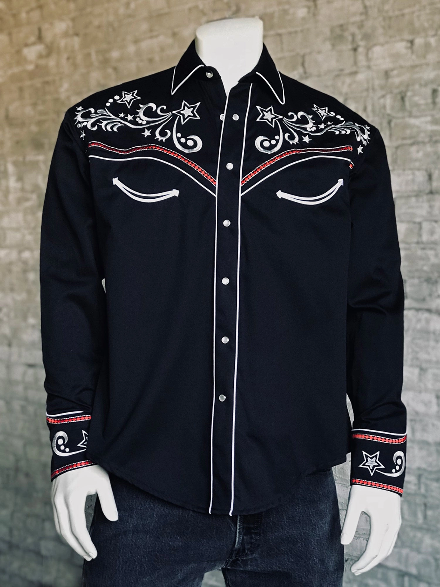 Rockmount Mens Black 100% Cotton Star & Scroll Western L/S Shirt Functional Design