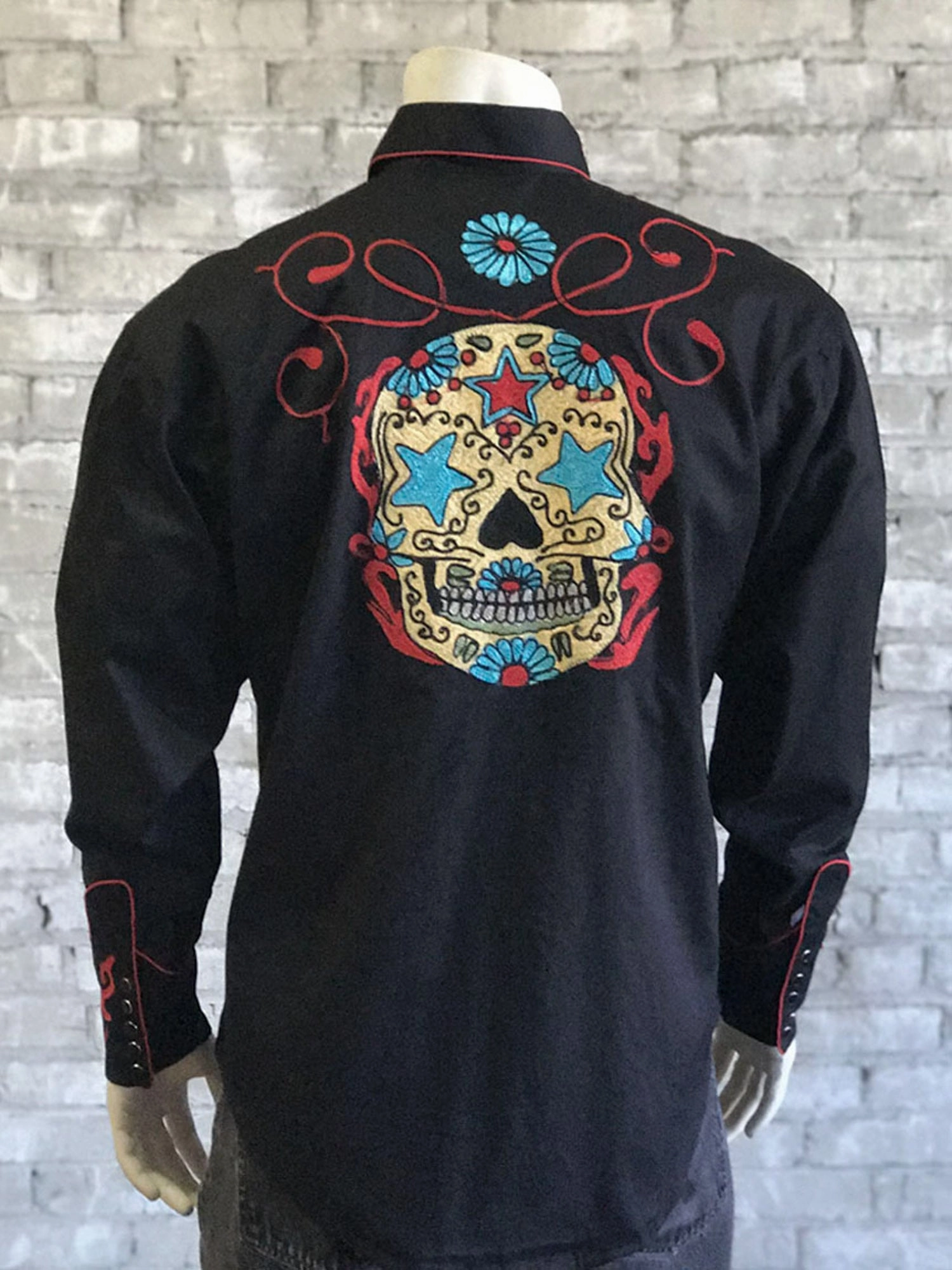 Gym Appropriate Bold Hue Rockmount Mens Black 100% Cotton Sugar Skull Vintage L/S Shirt