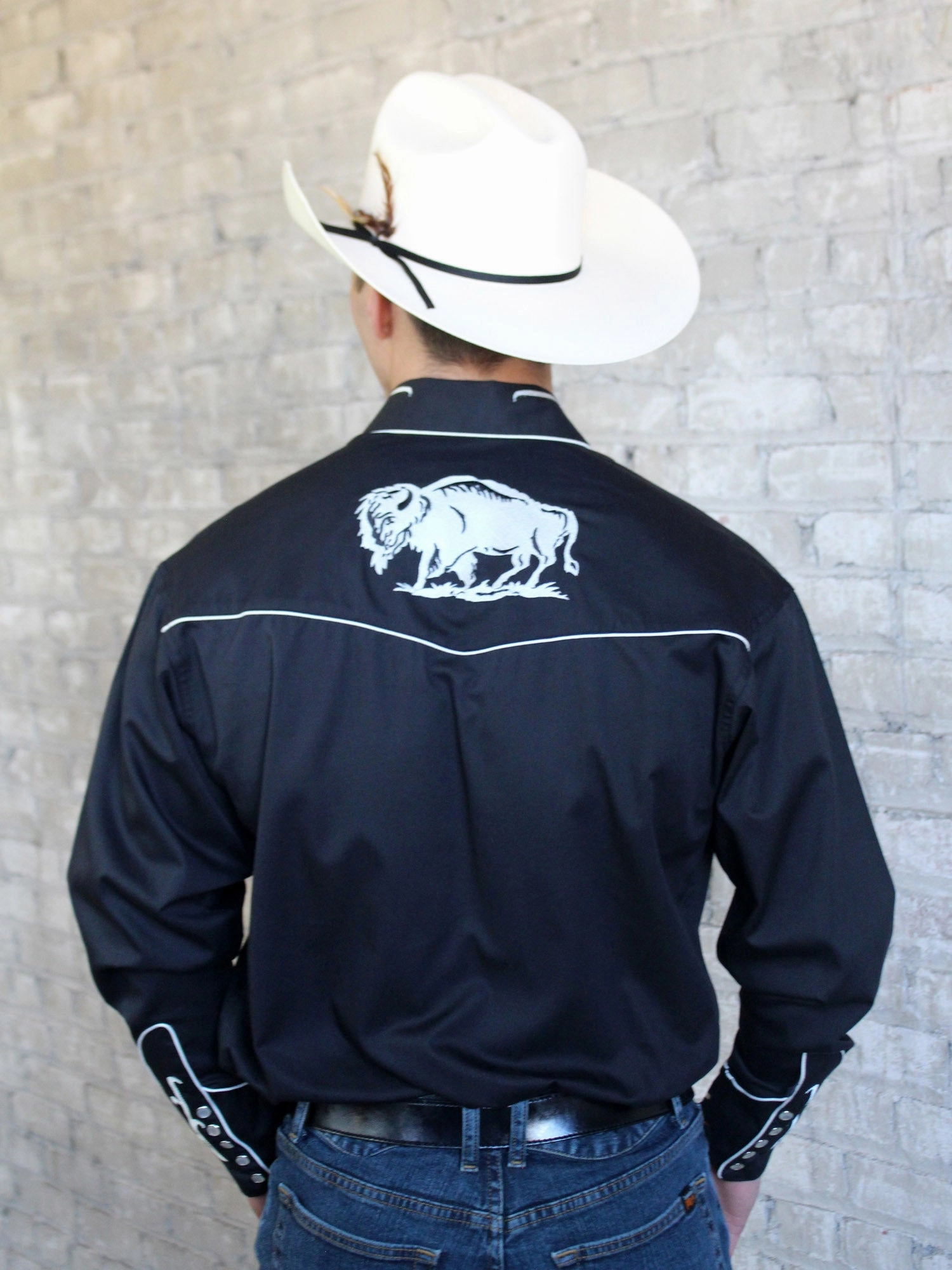 Rockmount Mens Black 100% Cotton Vintage Bison Western L/S Shirt Beach Wear Mesh Insert