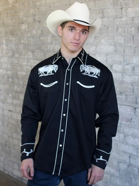 Durable Material Rockmount Mens Black 100% Cotton Vintage Bison Western L/S Shirt