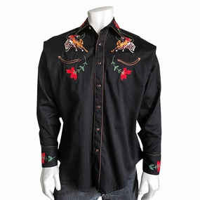 Neutral Toned Stitching Rockmount Mens Black 100% Cotton Vintage Bronc Embroidered L/S Shirt