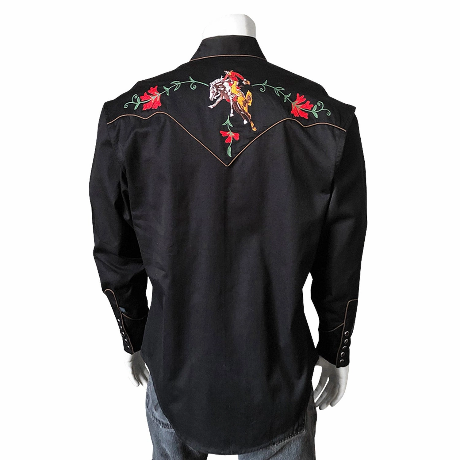 Rockmount Mens Black 100% Cotton Vintage Bronc Embroidered L/S Shirt Anti Cling Fabric