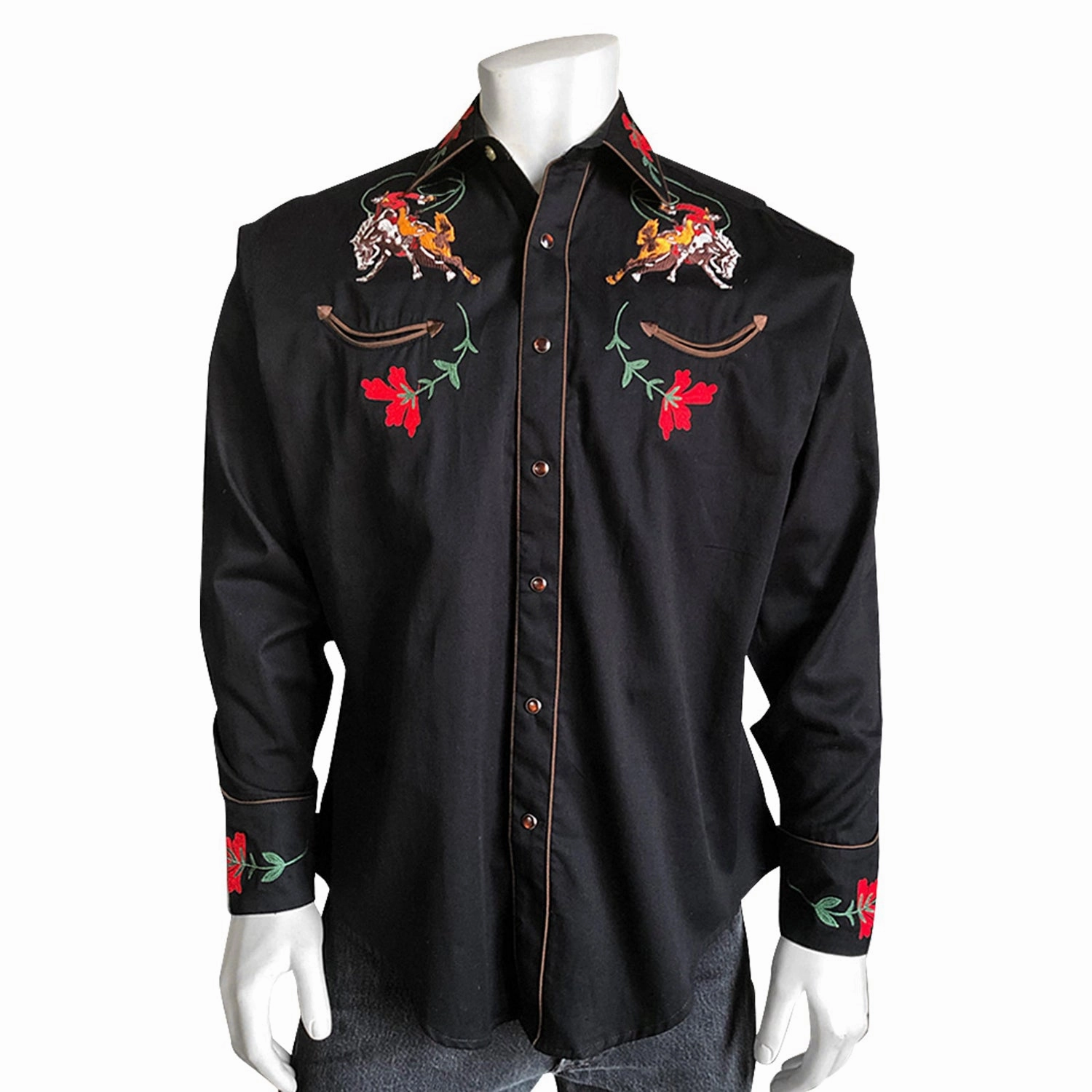 Rockmount Mens Black 100% Cotton Vintage Bronc Embroidered L/S Shirt Durable Stitching Designer Look