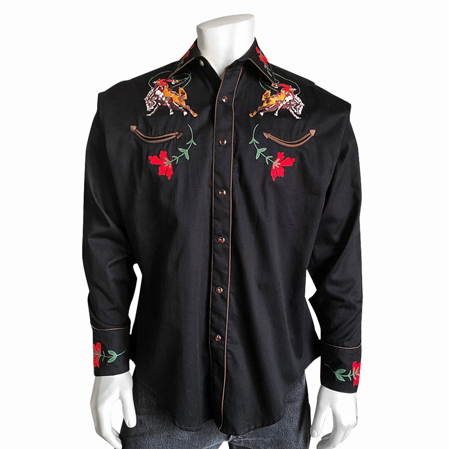 Eco Friendly Production Rockmount Mens Black 100% Cotton Vintage Bronc Embroidered L/S Shirt