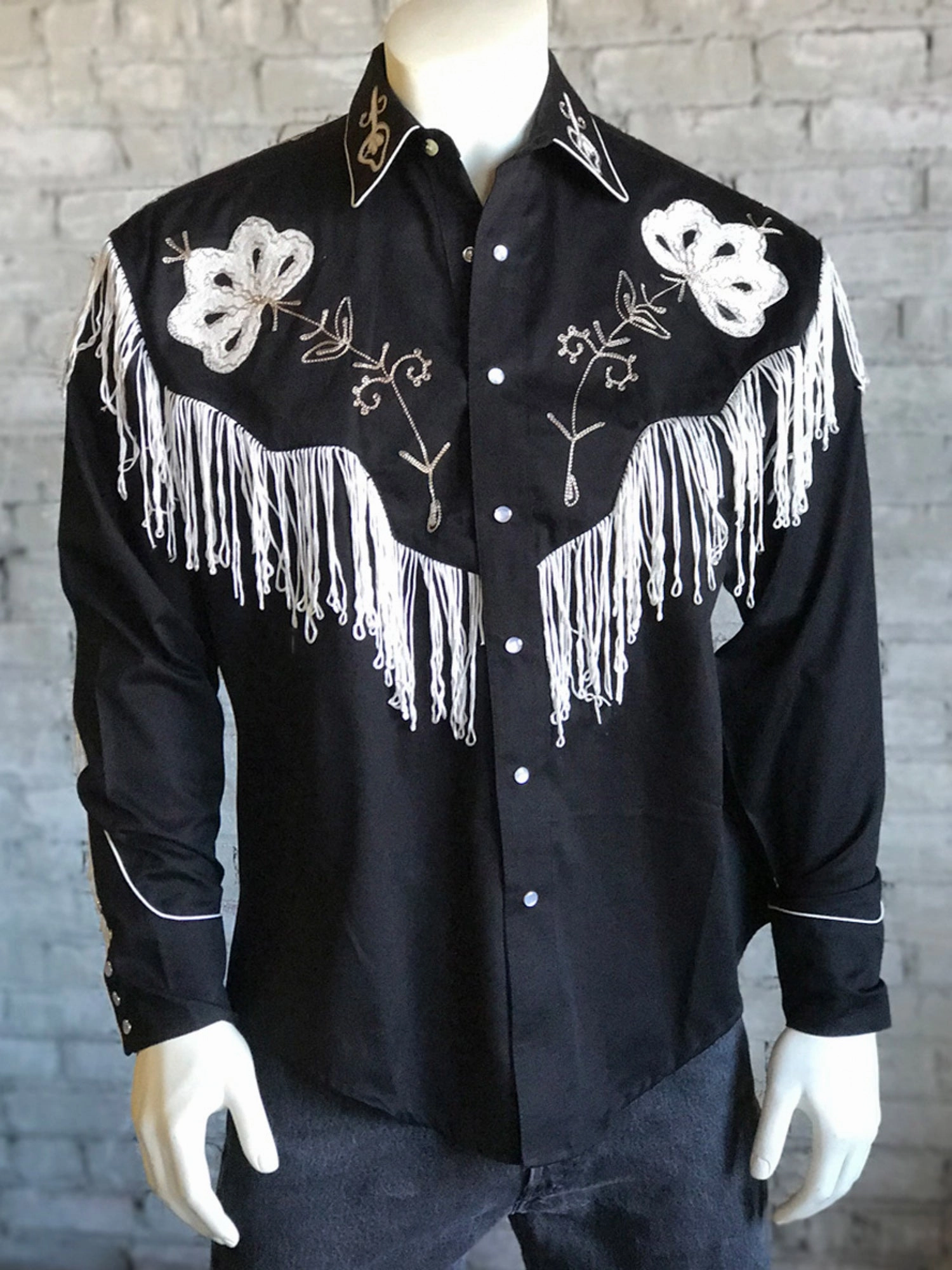 Rockmount Mens Black 100% Cotton Vintage Fringe Western L/S Shirt Sustainable production Smooth Cotton Blend