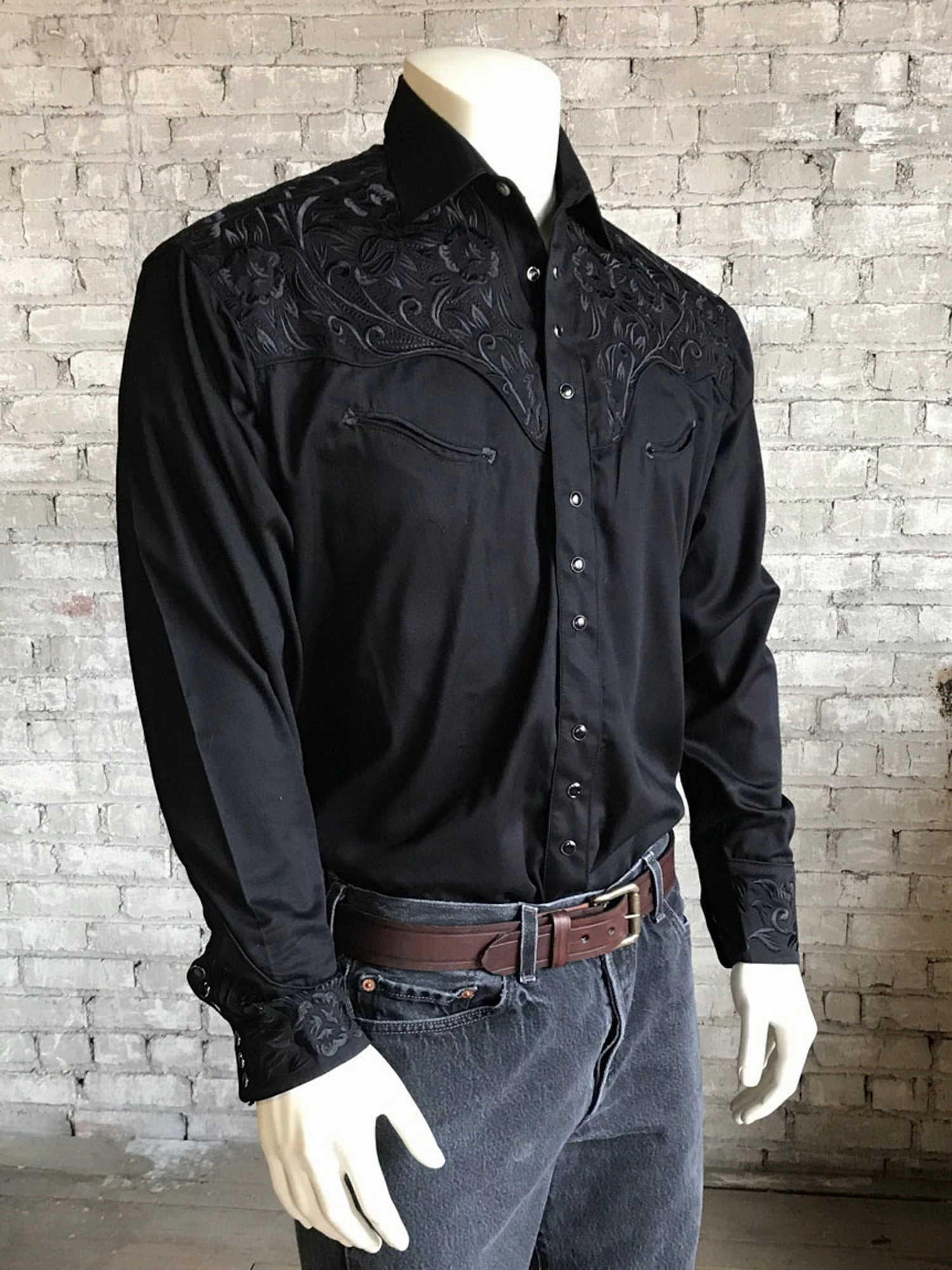 Rockmount Mens Black 100% Cotton Vintage Tooling Western L/S Shirt Flexible Knit