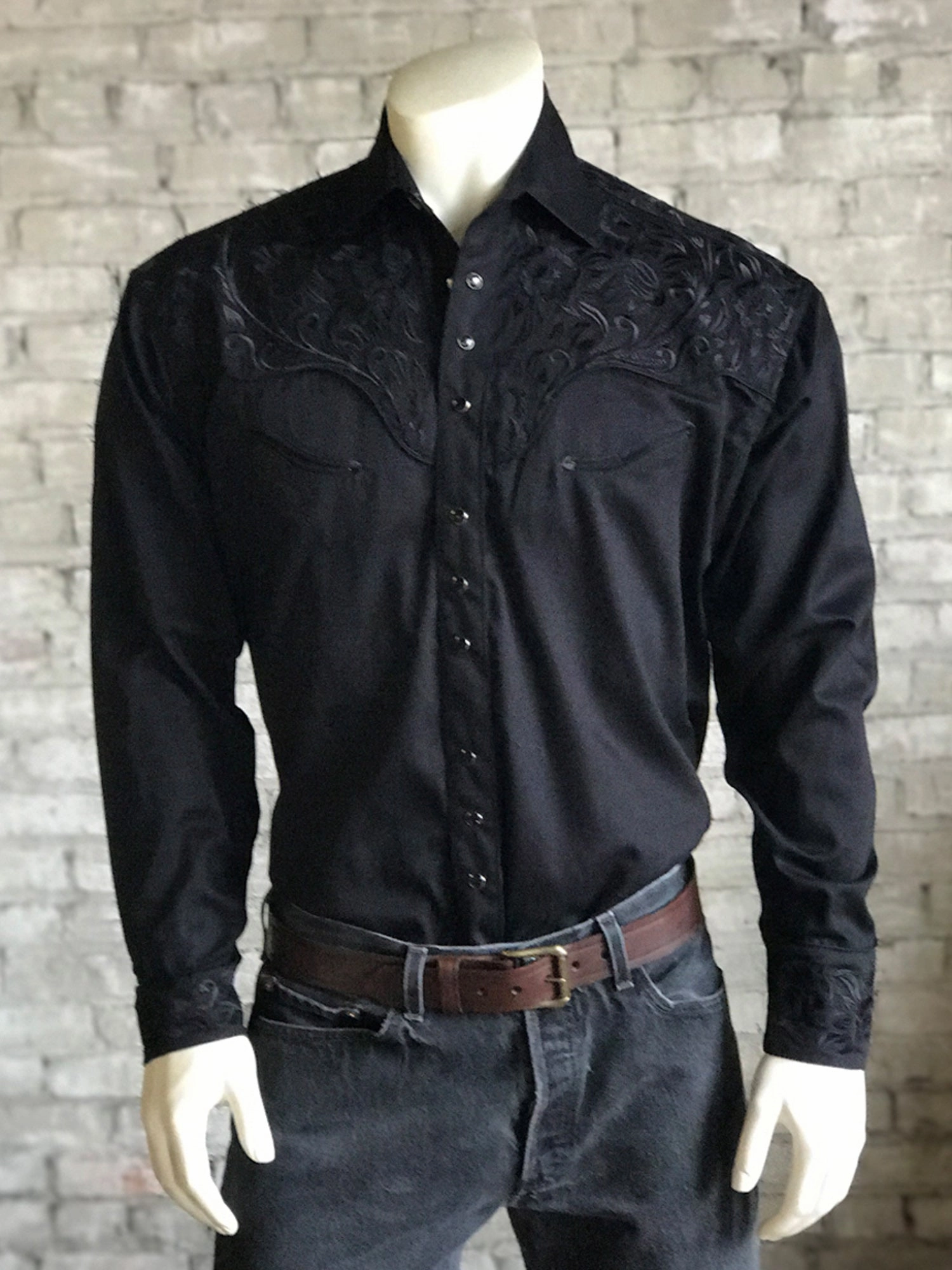 Rockmount Mens Black 100% Cotton Vintage Tooling Western L/S Shirt Denim Blend Trendy designs