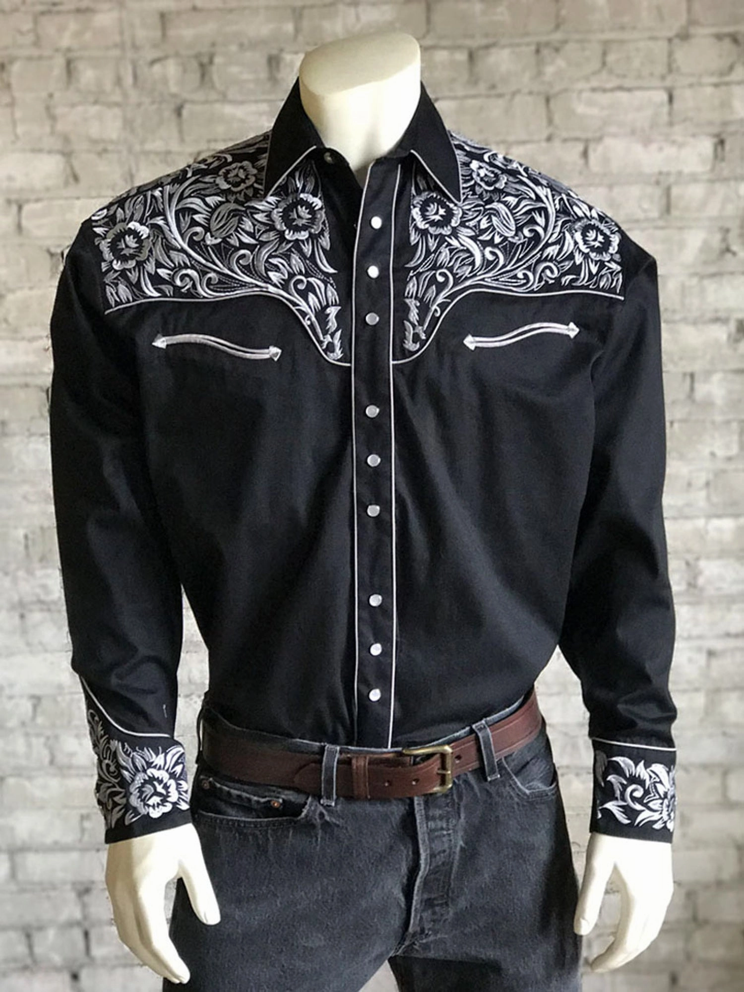 Rockmount Mens Black/Silver 100% Cotton Vintage Tooling Western L/S Shirt Casual Friday Pocket Detail