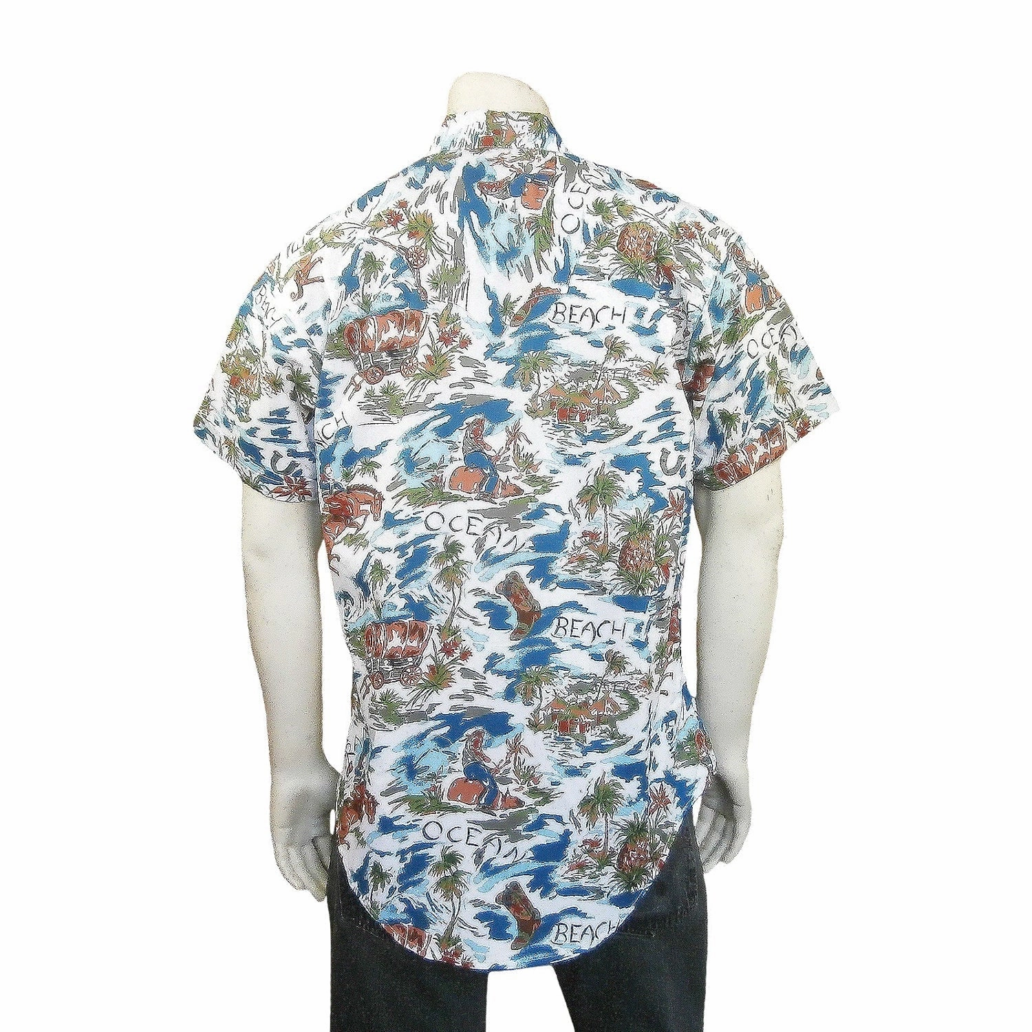 Rockmount Mens Blue 100% Rayon Hawaiian Floral Western S/S Shirt Pullover Design
