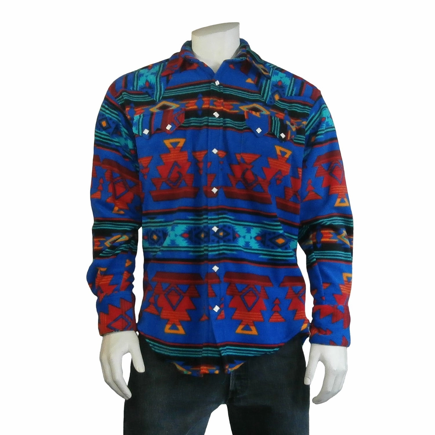 Stretch Fabric Polo Style Rockmount Mens Blue/Red Fleece Native Pattern Western L/S Shirt