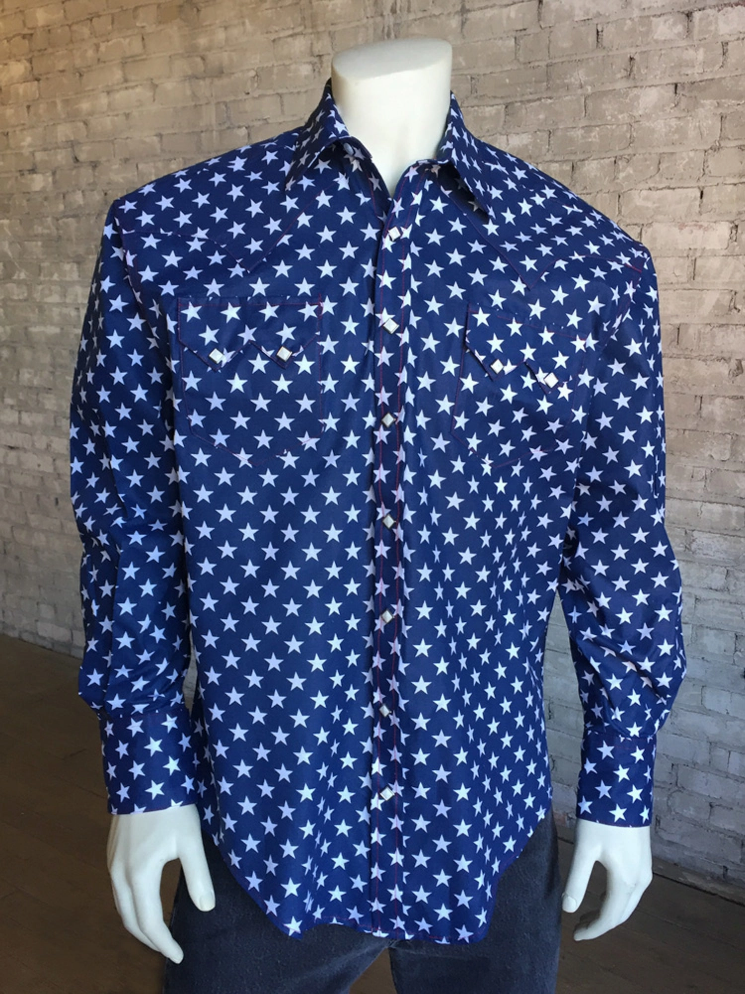 Student Essential Rockmount Mens Blue/White Cotton Blend Stars Print Western L/S Shirt