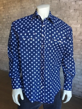 Student Essential Rockmount Mens Blue/White Cotton Blend Stars Print Western L/S Shirt