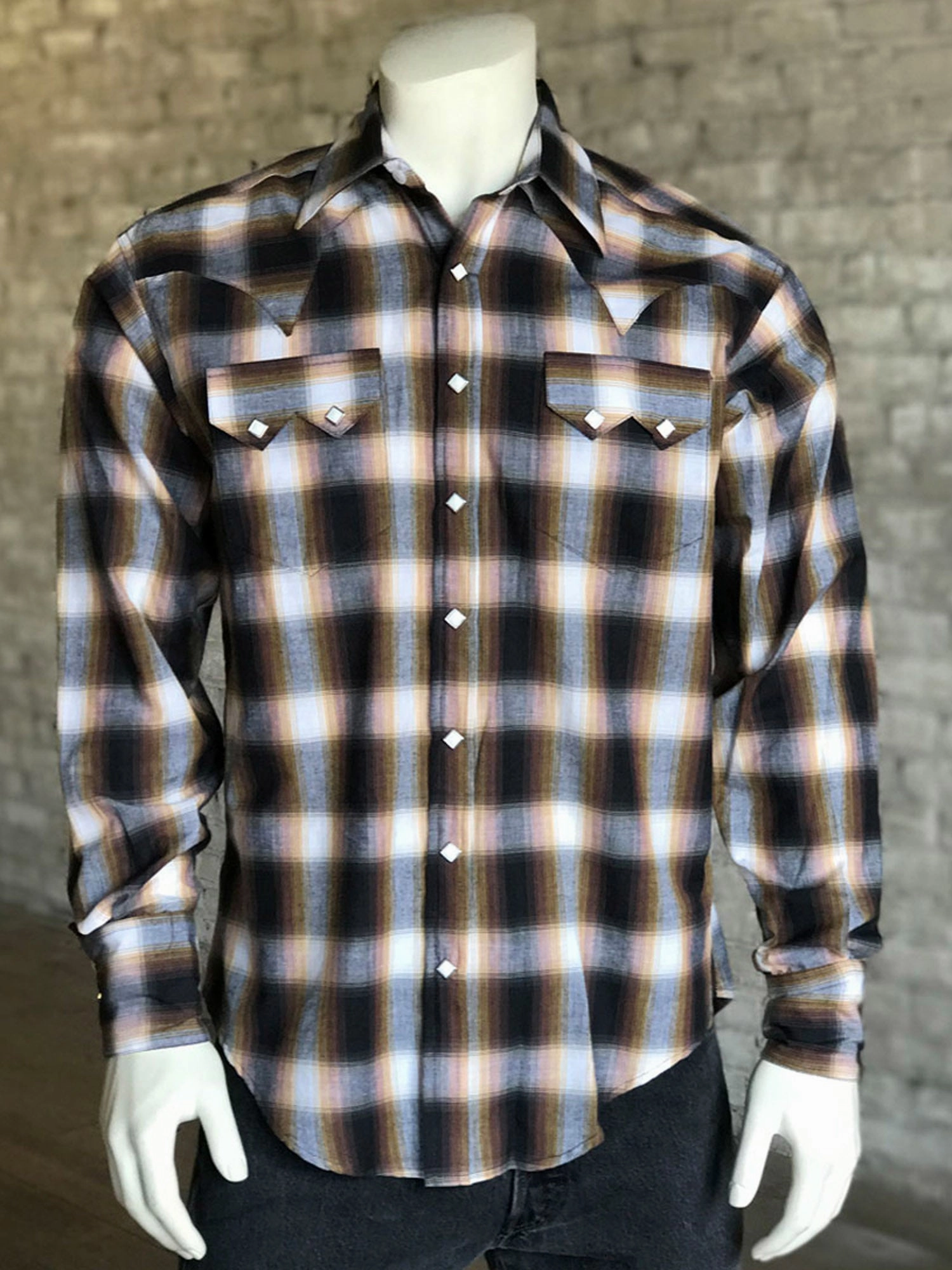 Rockmount Mens Brown 100% Cotton Shadow Plaid Western L/S Shirt Modern Appeal Wrinkle Resistant Finish