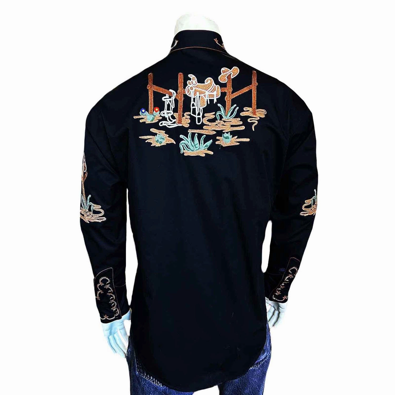 Chic Design Reinforced Seams Rockmount Mens Cactus and Cowboy Boots Black 100% Cotton L/S Shirt
