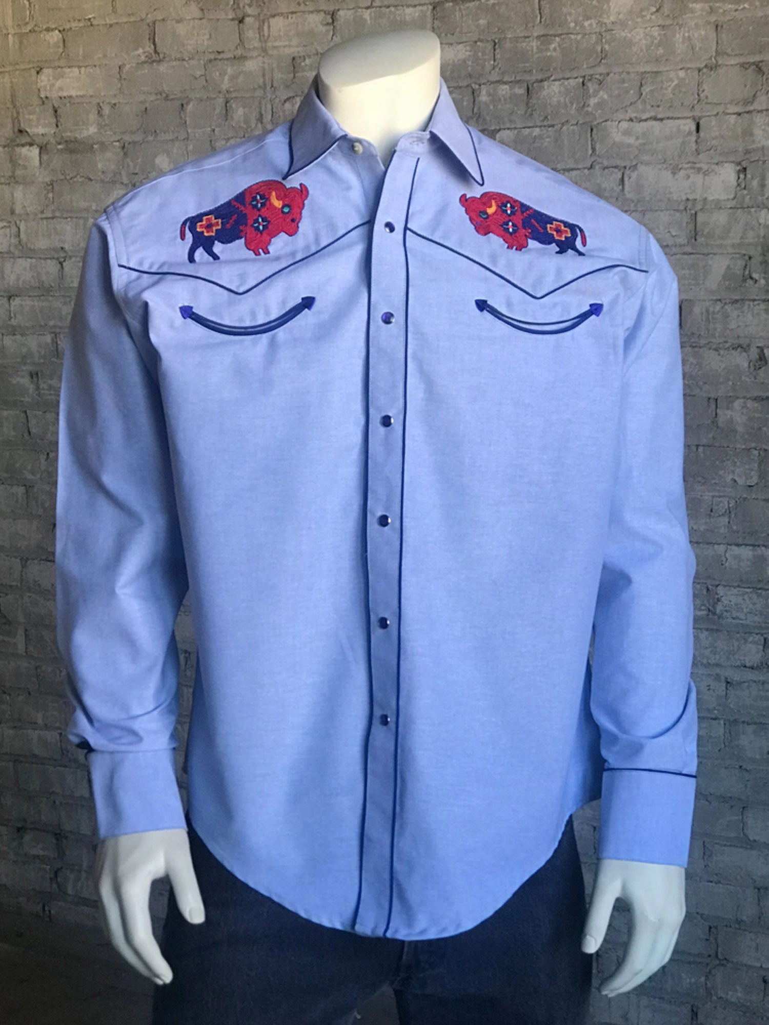 Rockmount Mens Chambray 100% Cotton American Bison Western L/S Shirt Sporty Look