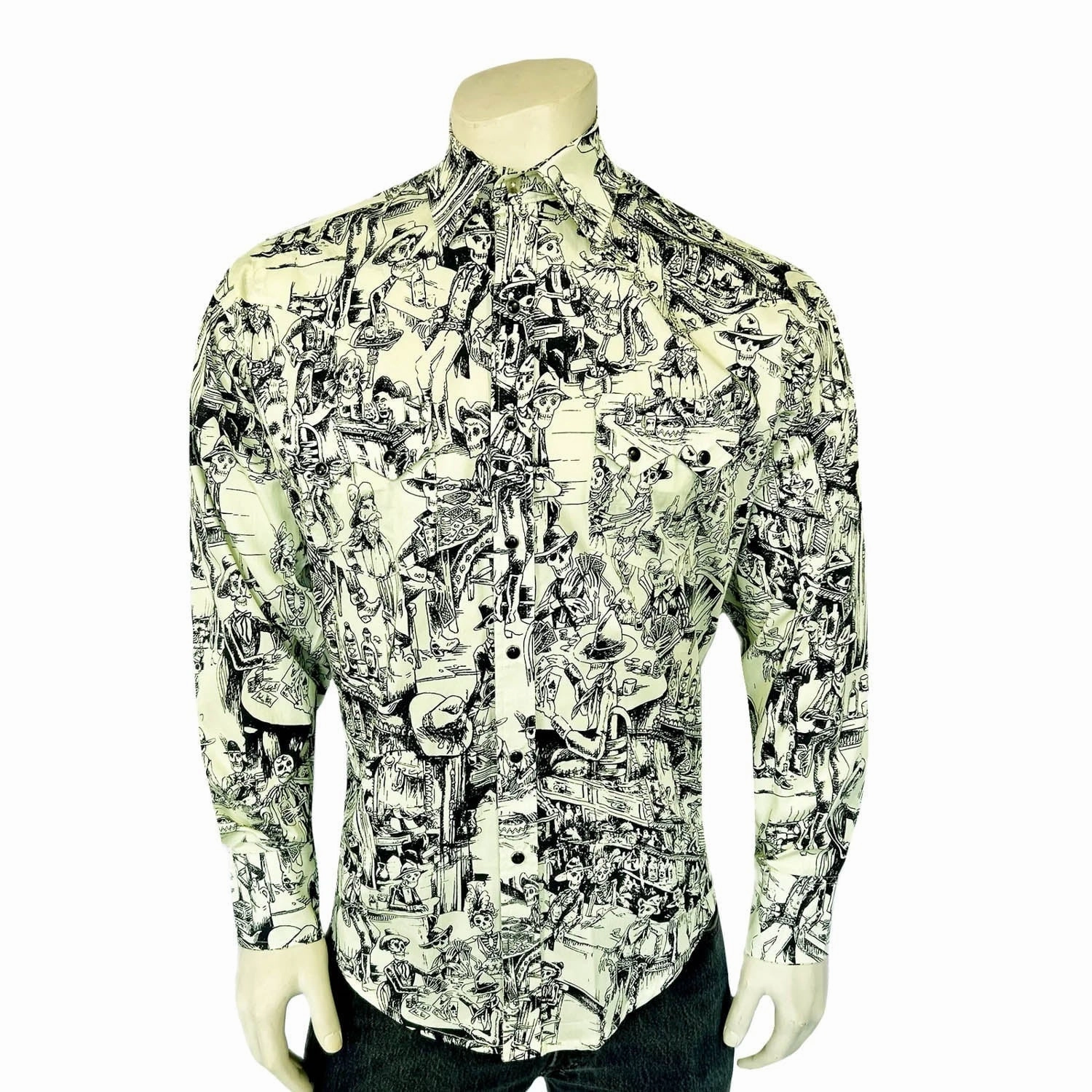 Rockmount Mens Deadwood Saloon Western Black/White 100% Cotton L/S Shirt Non Chafe Seams Tall Length