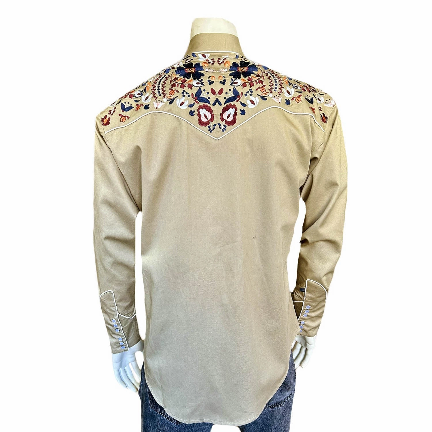 Durable Construction Sleek Silhouette Rockmount Mens Floral Embroidered Western Khaki 100% Cotton L/S Shirt
