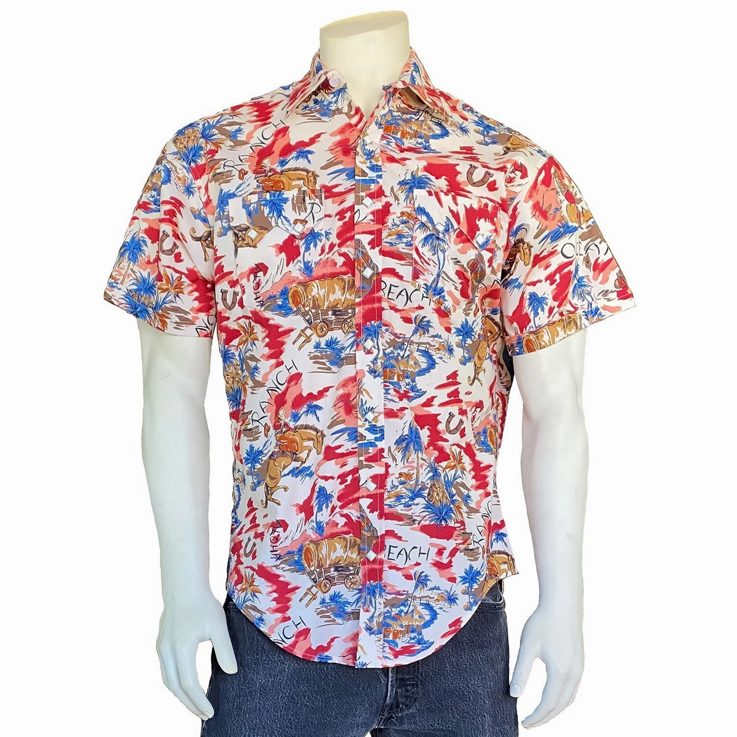 Rockmount Mens Hawaiian Print Red 100% Cotton S/S Shirt Fashion Statement Unstructured Shoulder