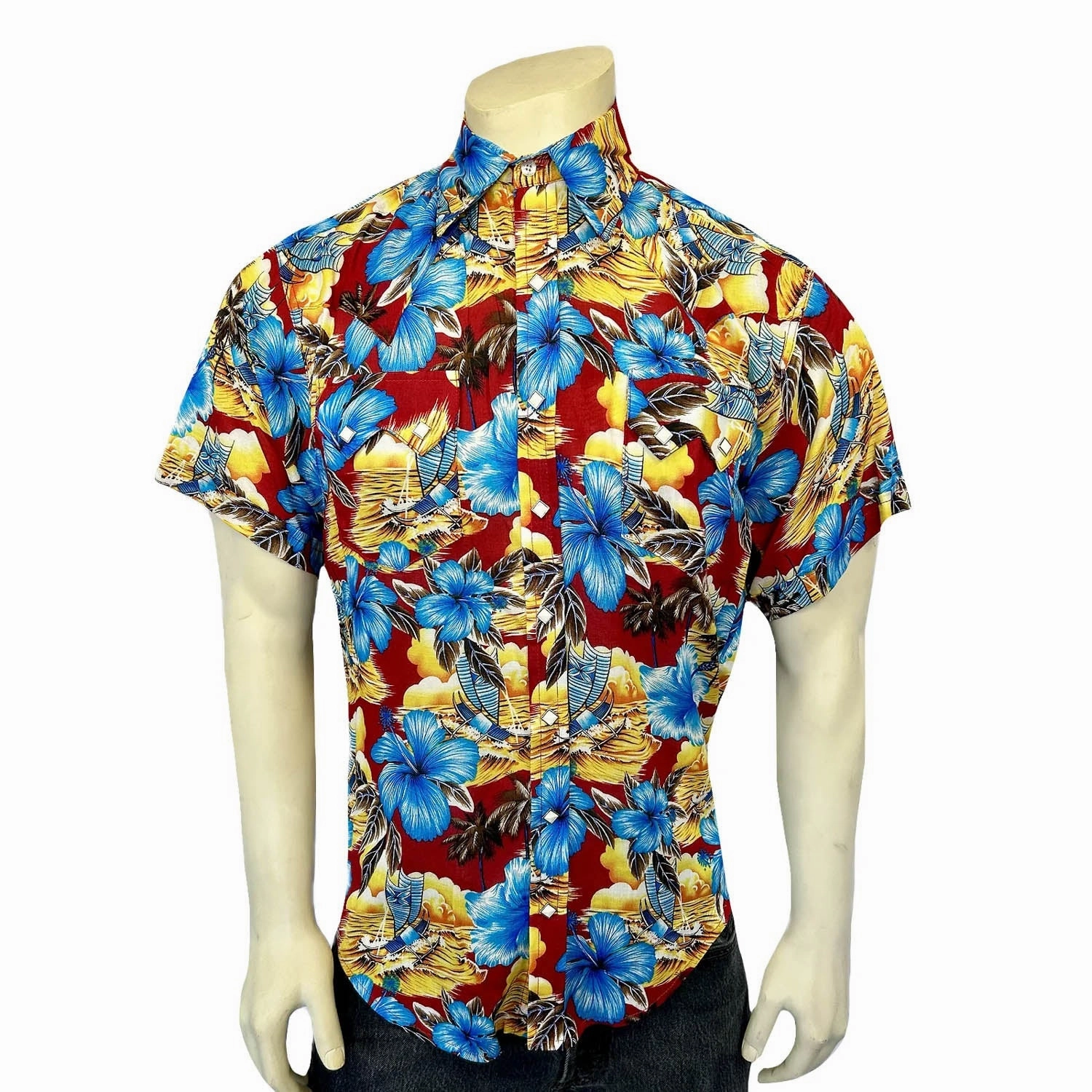 Rockmount Mens Hawaiian Print Western Red 100% Rayon S/S Shirt Date night Geometric Print