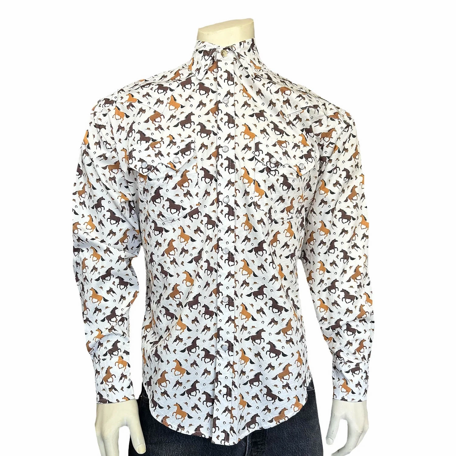 Camping Essential City Exploration Rockmount Mens Horse Print Western White/Tan 100% Cotton L/S Shirt