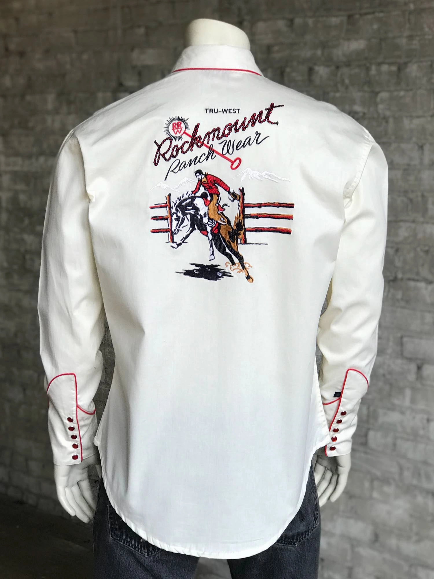 Rockmount Mens Ivory 100% Cotton Vintage Bronc L/S Shirt Comfort Stretch Unique Design