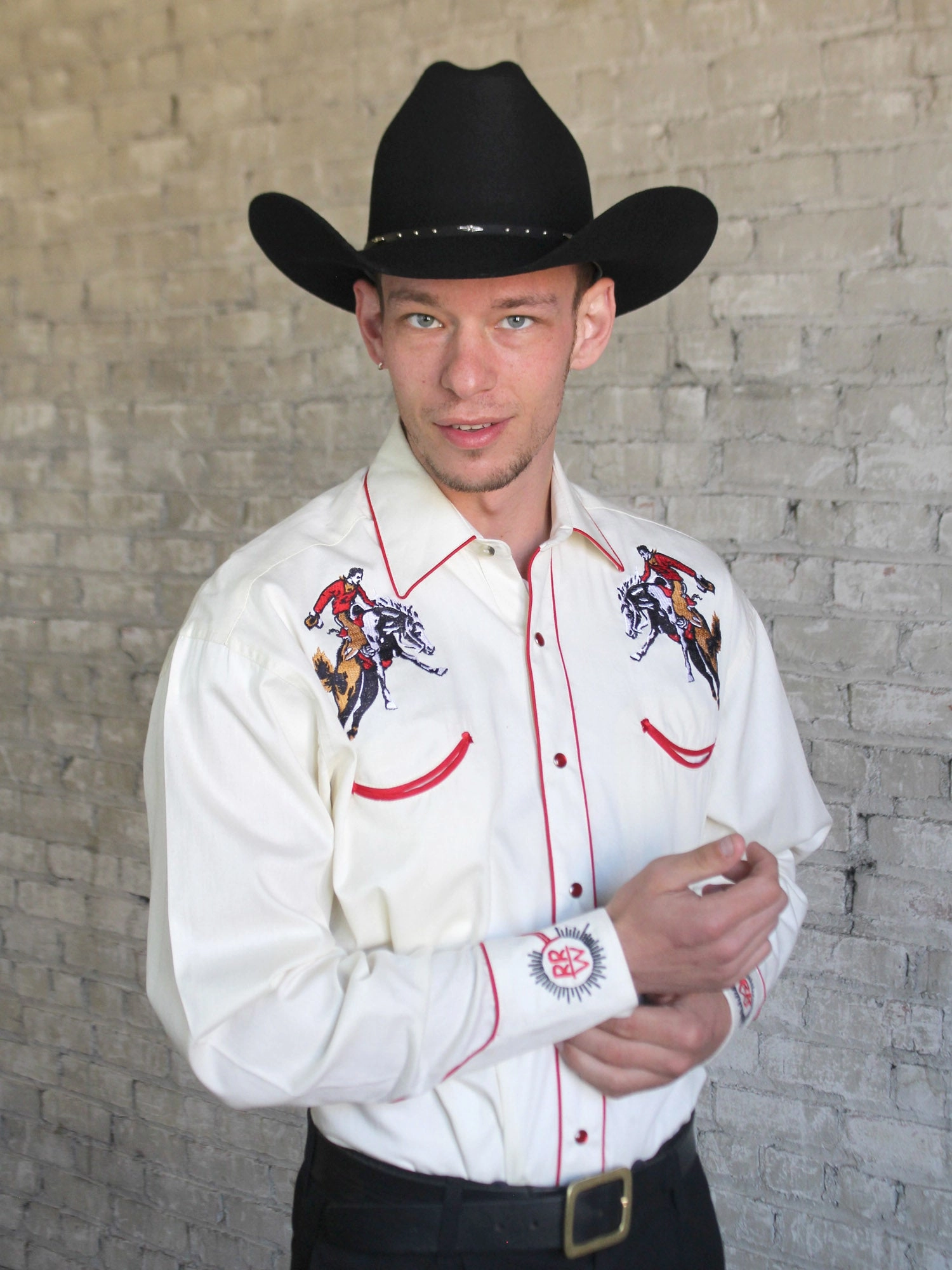 Rockmount Mens Ivory 100% Cotton Vintage Bronc L/S Shirt slim cut