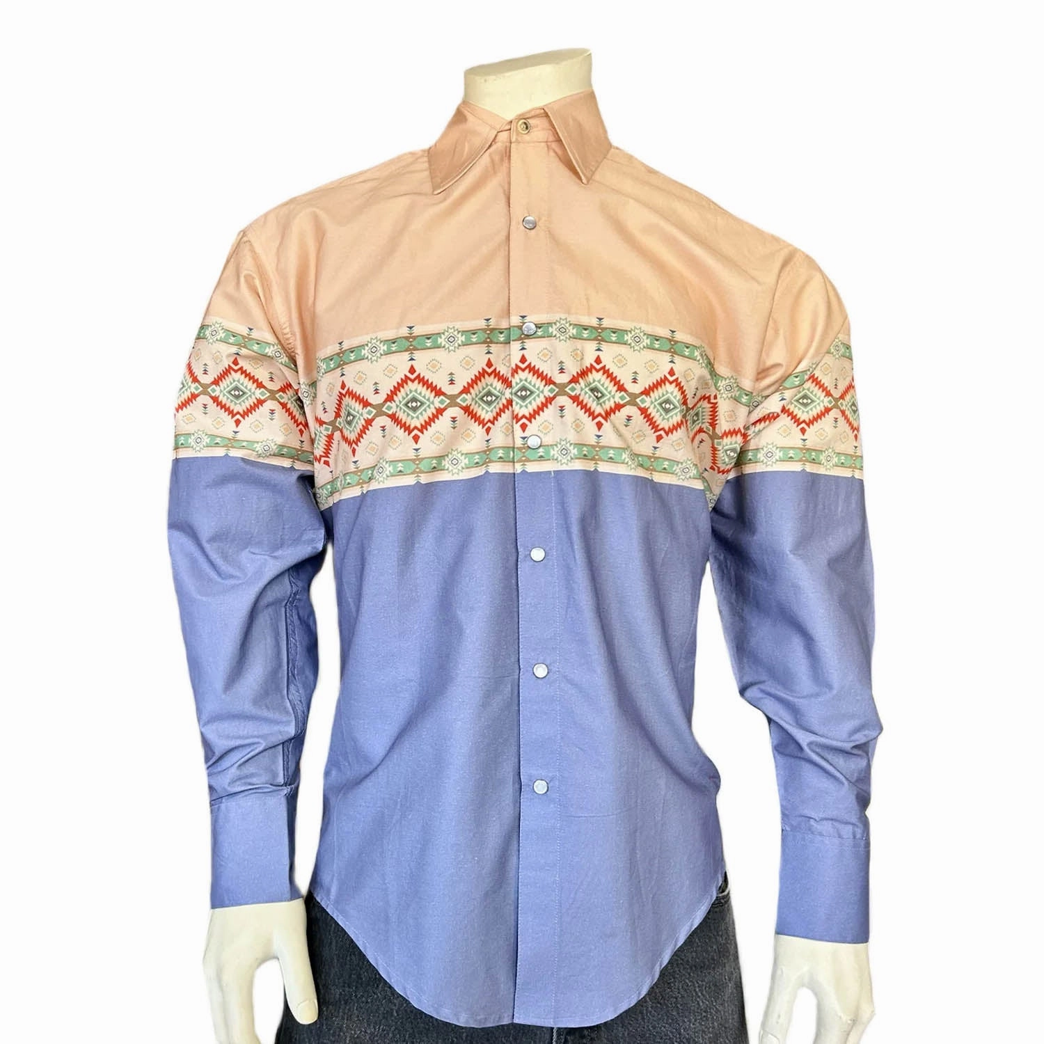 Unstructured Shoulder Rockmount Mens Native Pattern Peach/Blue 100% Cotton L/S Shirt
