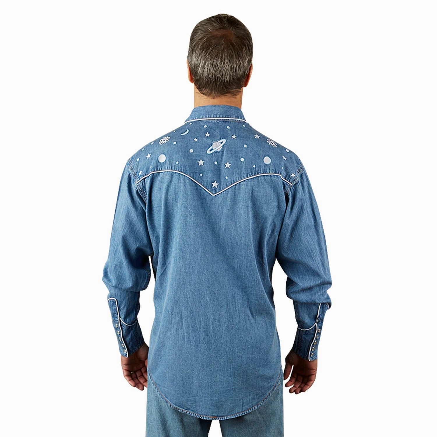 Rockmount Mens Out Of This World Denim 100% Cotton L/S Shirt Multi Layer Stitching