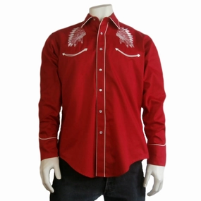 Rockmount Mens Red 100% Cotton Warbonnet Embroidery L/S Shirt Preppy Vibe