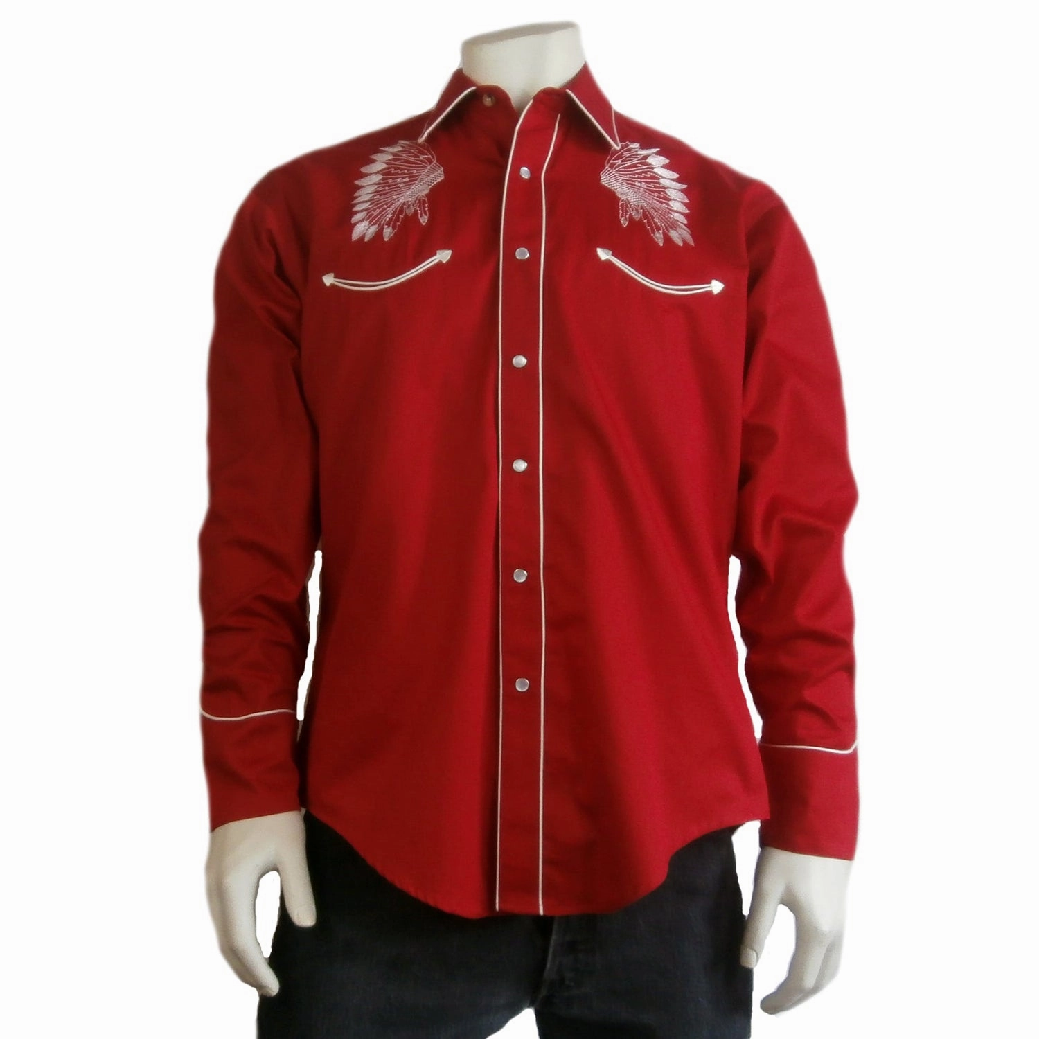 Rockmount Mens Red 100% Cotton Warbonnet Embroidery L/S Shirt Preppy Vibe