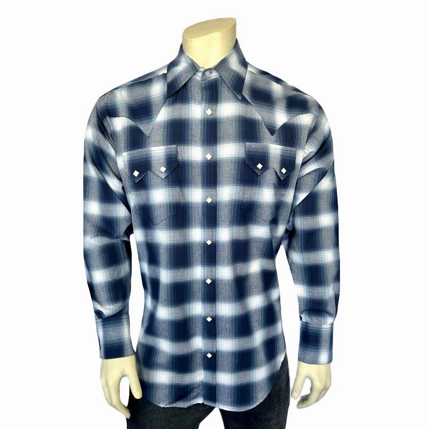 Rockmount Mens Shadow Plaid Western Blue/White 100% Cotton L/S Shirt Artistic Design