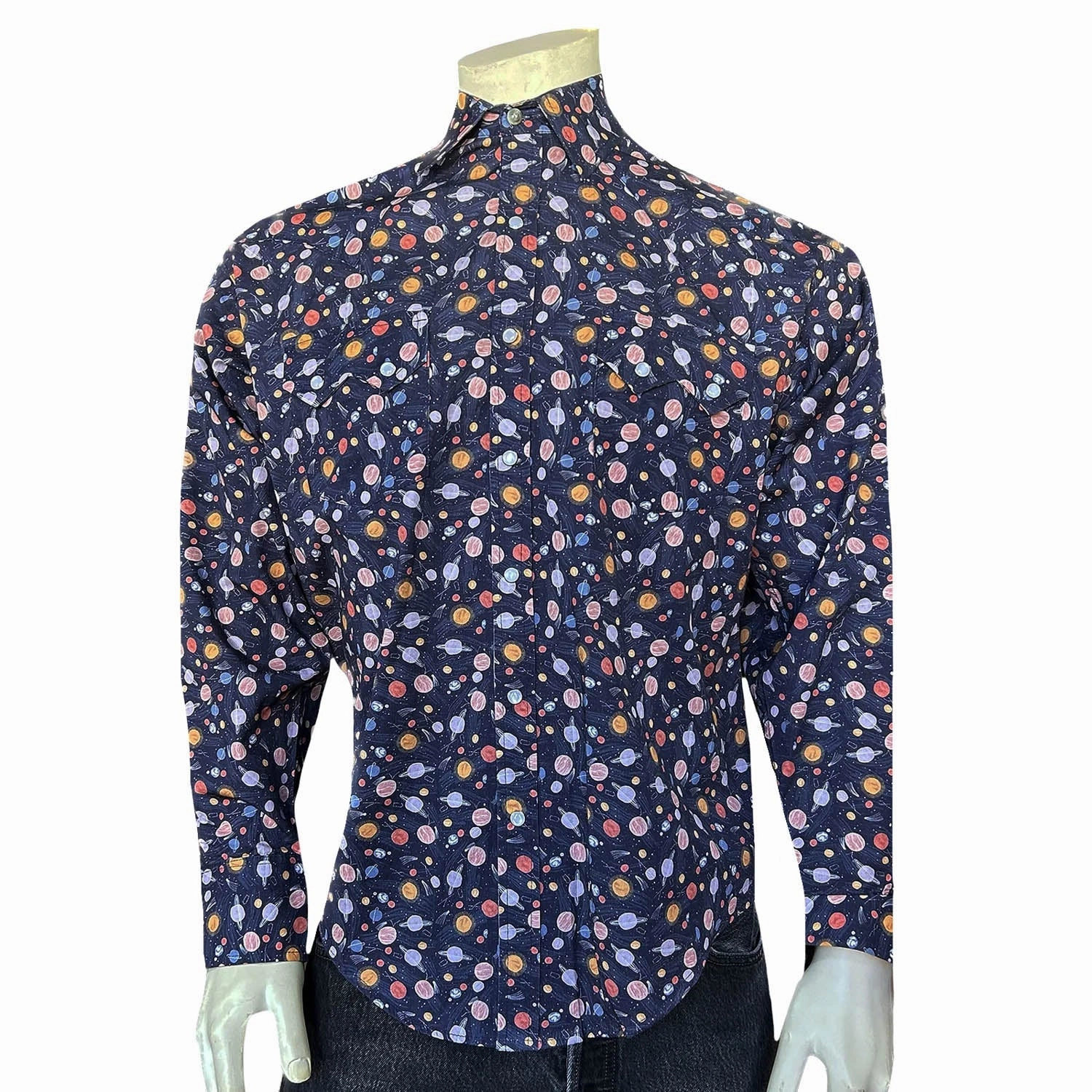 Rockmount Mens Solar System Print Navy 100% Cotton L/S Shirt Casual Elegance