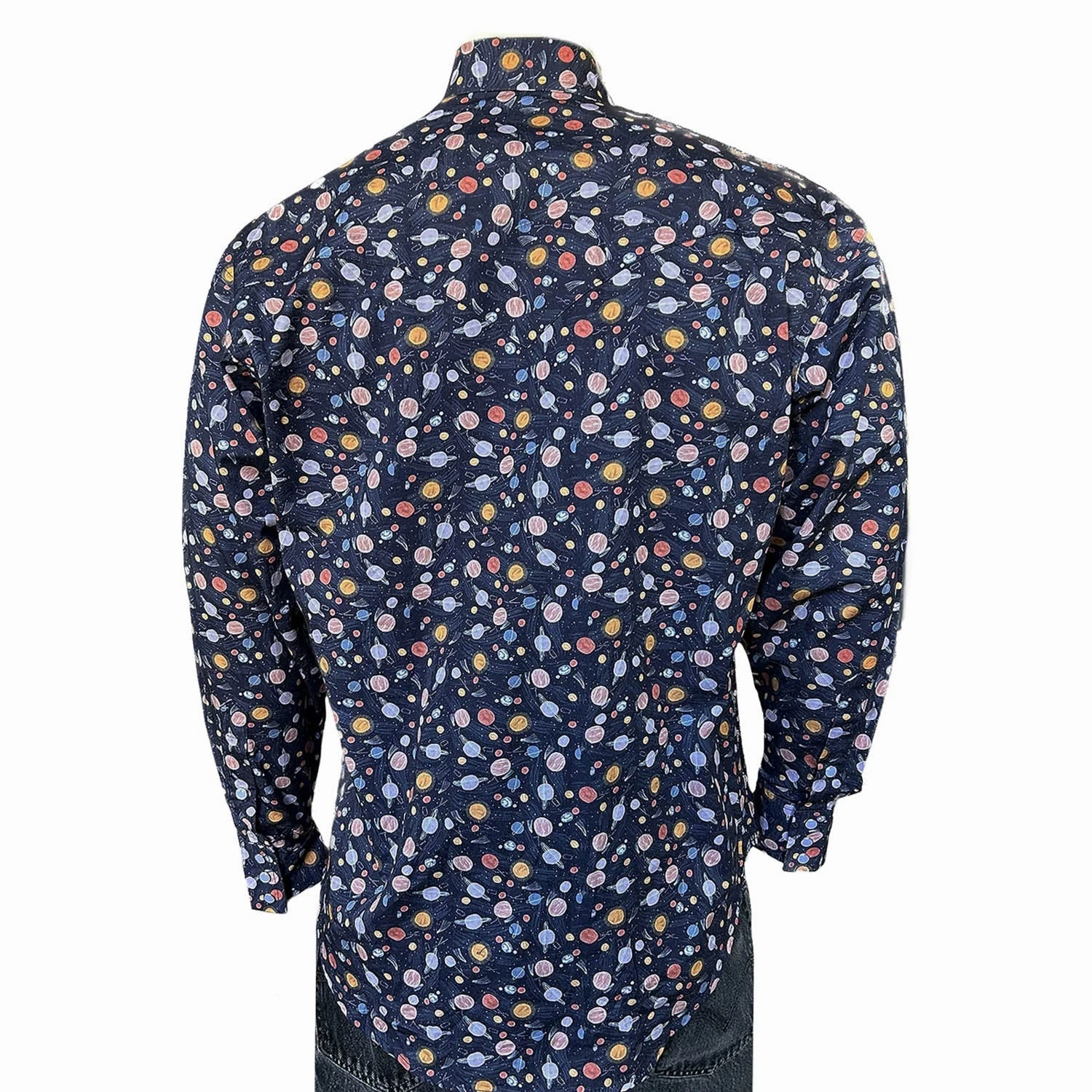 Rockmount Mens Solar System Print Navy 100% Cotton L/S Shirt Earthy Palette Lightweight Material