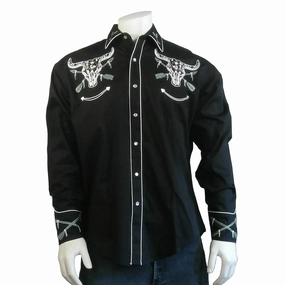 gender-neutral Rockmount Mens Steer Skull and Arrow Black 100% Cotton L/S Shirt