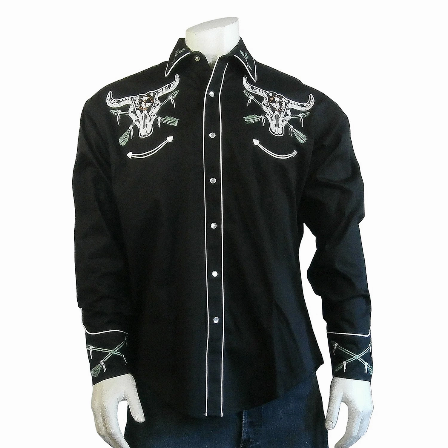 Tailored Cut Mesh Insert Rockmount Mens Steer Skull and Arrow Black 100% Cotton L/S Shirt