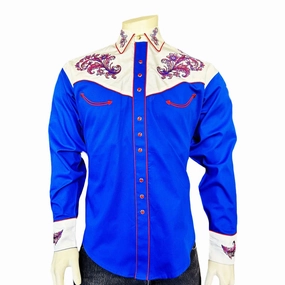 Rockmount Mens Vintage 2-Tone Floral Royal Blue/White 100% Cotton L/S Shirt Current Style Fashion-Forward