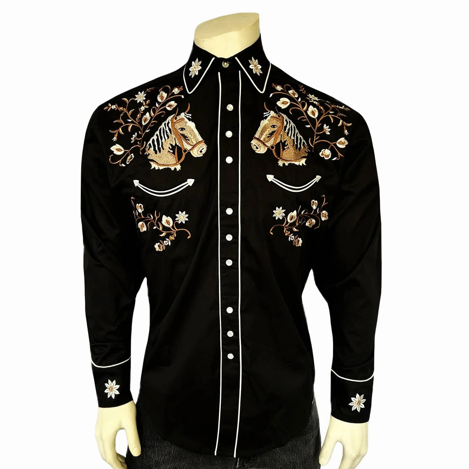 Rockmount Mens Vintage Horsehead Floral Black 100% Cotton L/S Shirt Round Collar Layered Collar