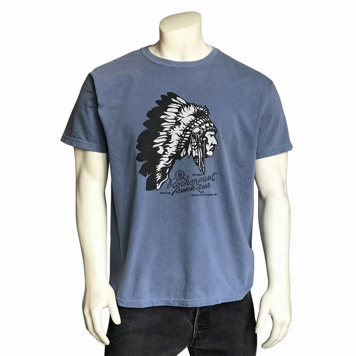 Rockmount Mens Western Chief Blue 100% Cotton S/S T-Shirt Fun and Playful Relaxed Design