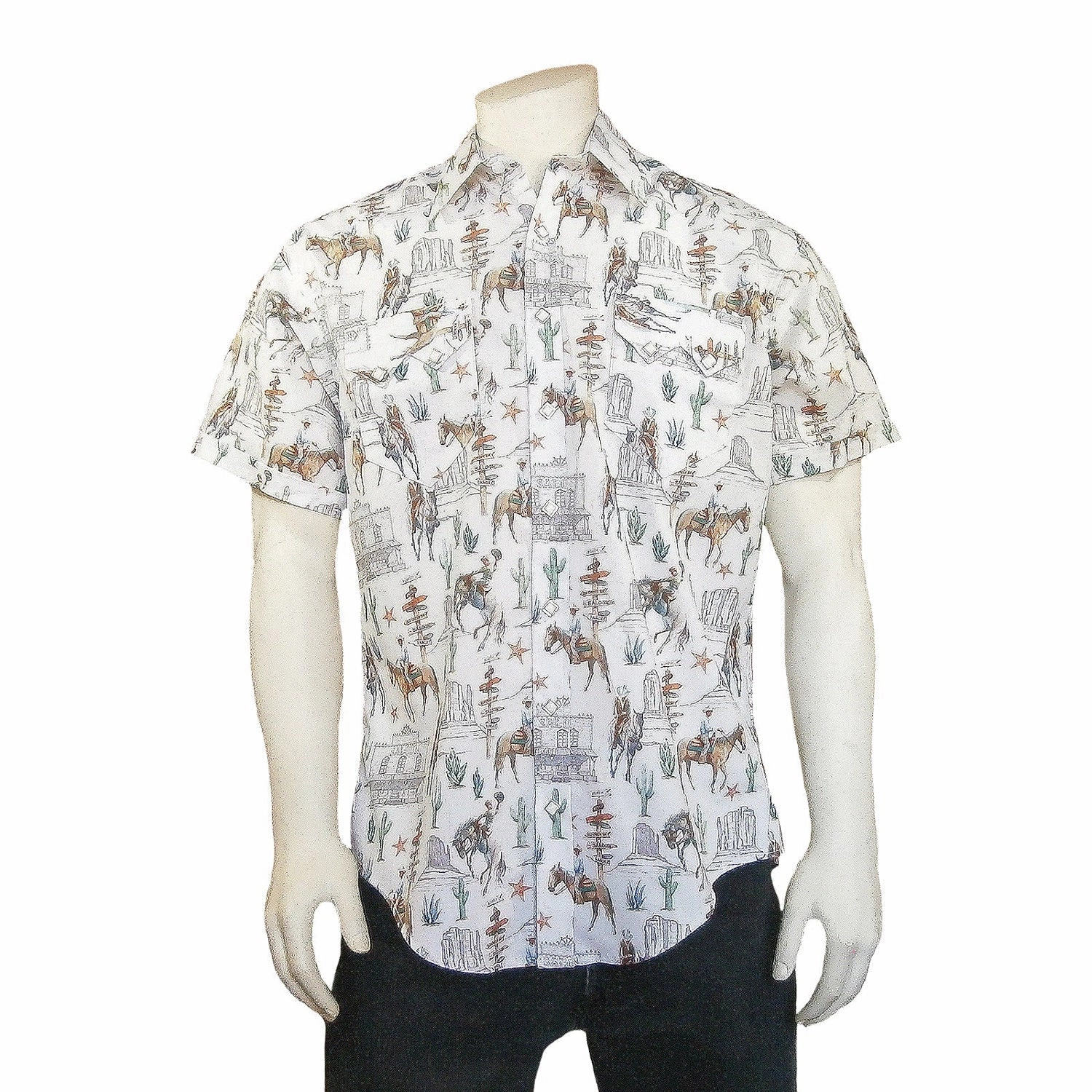 Rockmount Mens White 100% Cotton Cactus and Cowboys S/S Shirt Quick-Dry Button-up