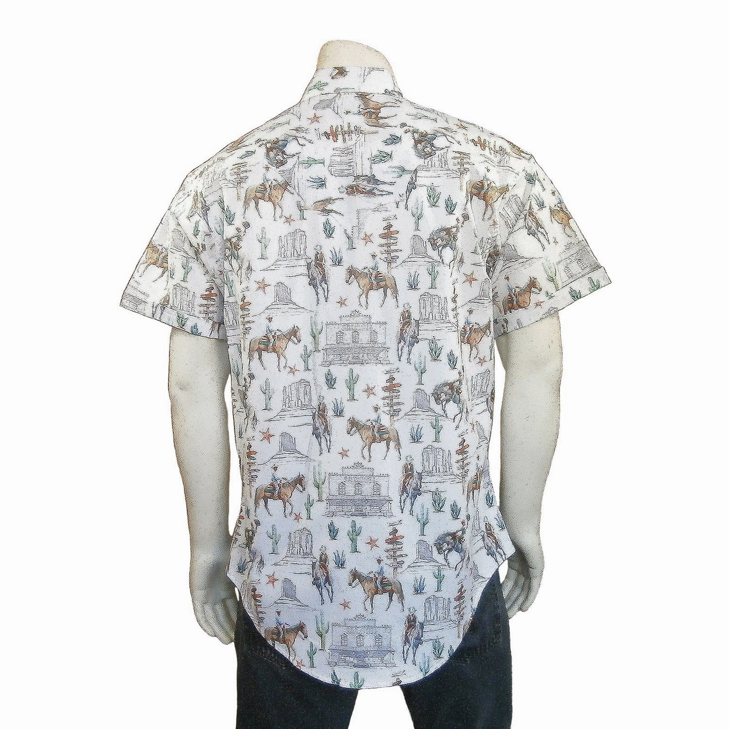 Round Collar Stretch Fabric Rockmount Mens White 100% Cotton Cactus and Cowboys S/S Shirt