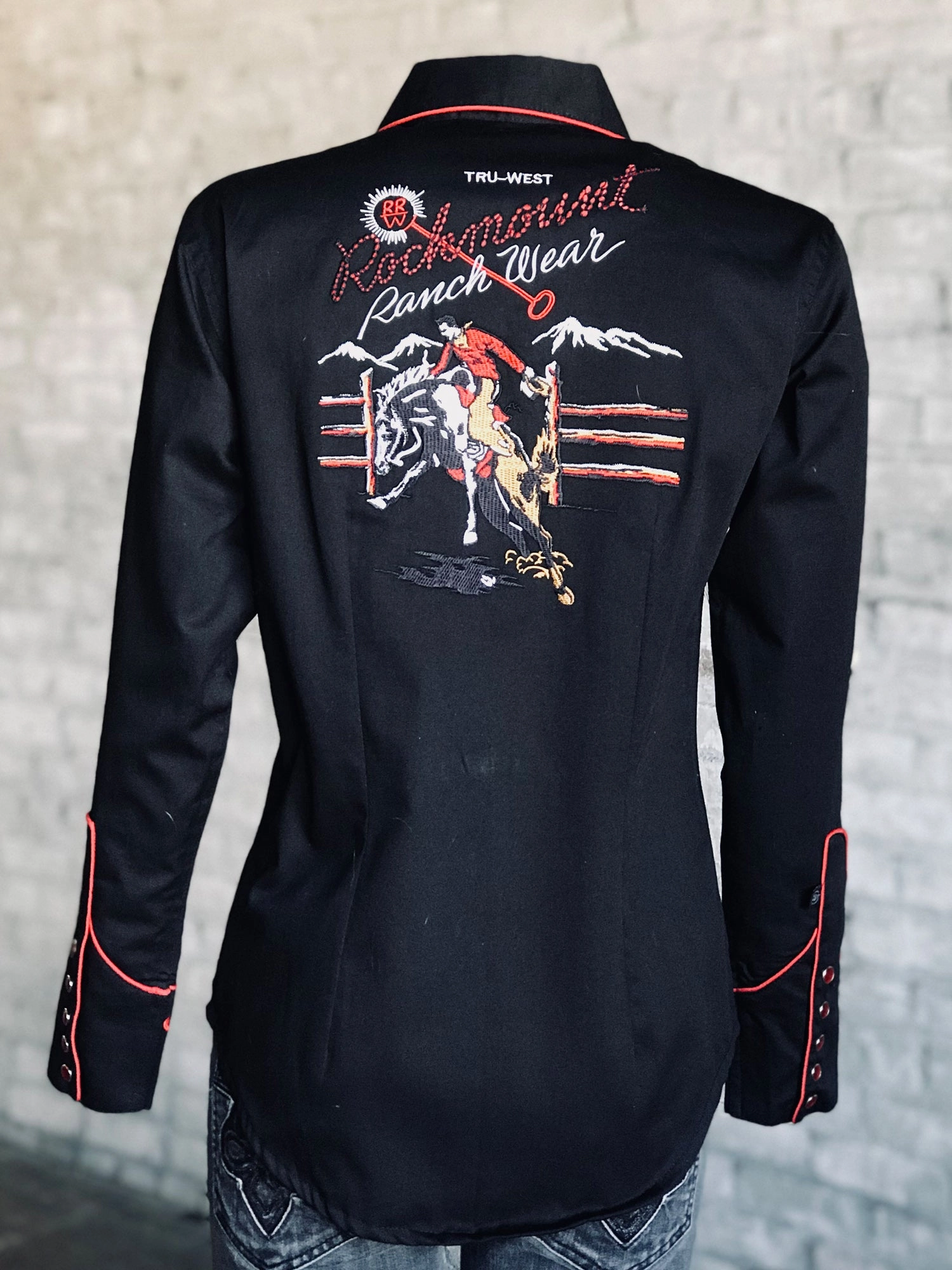 Rockmount Womens Black 100% Cotton Bronc Embroidered Western L/S Shirt Waffle Weave